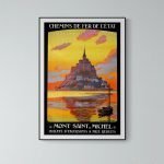 Affiche vintage du Mont Saint Michel avec coucher de soleil.