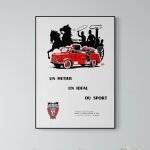 Affiche vintage des pompiers de Paris avec camion de secours et chevaux, style rétro.