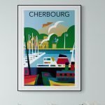 Affiche vintage de Cherbourg avec port, bateau et paysage maritime coloré.