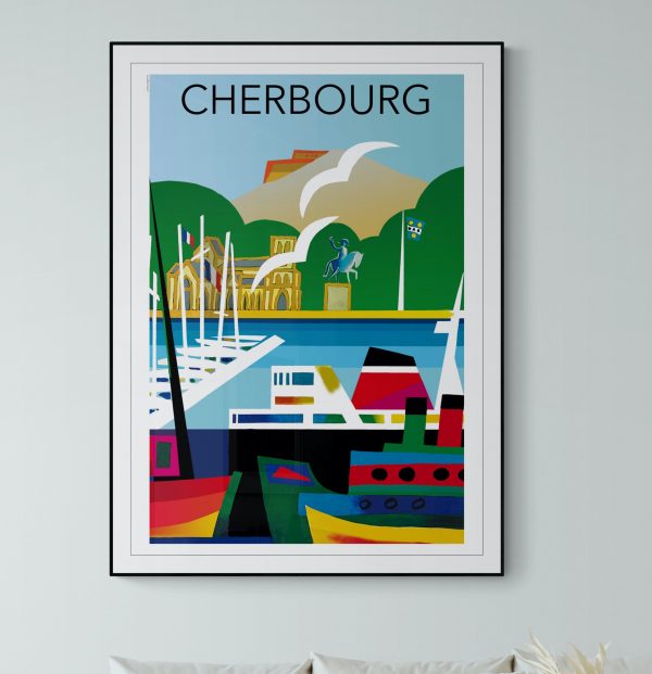 Affiche vintage de Cherbourg avec port, bateau et paysage maritime coloré.