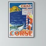 Balade en Corse avec affiche vintage Calvi, plage, mer et paysage côtier.