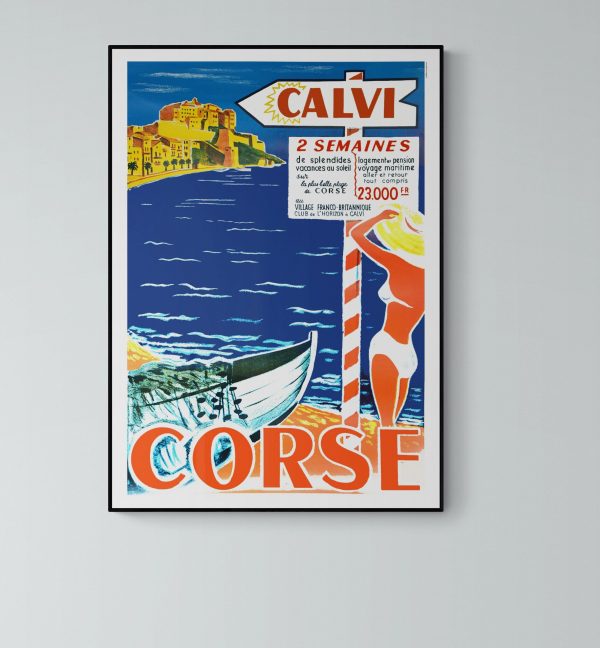 Balade en Corse avec affiche vintage Calvi, plage, mer et paysage côtier.