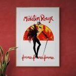 Affiche vintage du Moulin Rouge mettant en scène une femme élégante avec un chapeau haut de forme, d.