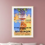Affiche vintage de la Fête Nationale des Vins à Avignon, 1938, avec raisin et verre de vin.
