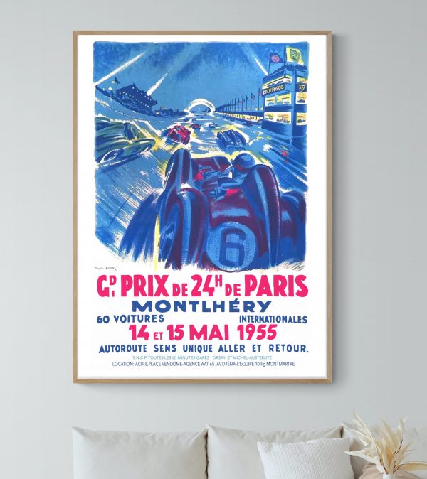 Affiche vintage du Grand Prix de 24h de Paris 1955, illustrant une course automobile nocturne.