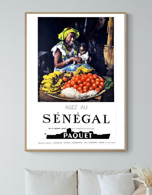 Affiche vintage "Allez au Sénégal" avec images de fruits locaux.