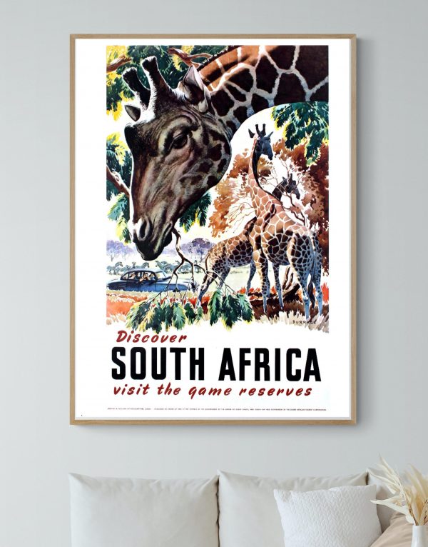Affiche vintage Afrique du Sud avec girafe et animaux sauvages colorés.