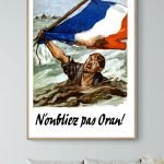 Affiche vintage de la bataille d'Oran, avec drapeau français dans la mer.