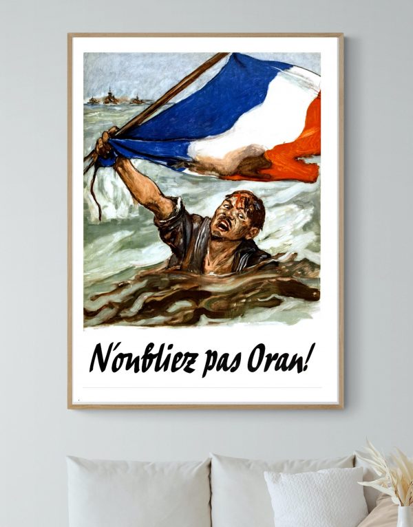 Affiche vintage de la bataille d'Oran, avec drapeau français dans la mer.