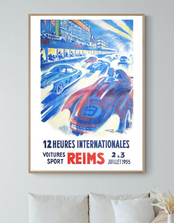 Affiche vintage de voitures sport Reims 1955, illustration colorée de voitures de course classiques.