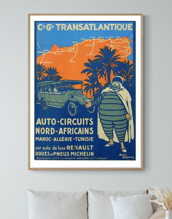 Affiche vintage de la compagnie transatlantique avec carte et palmier.