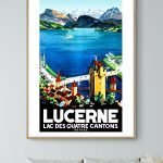 Affiche vintage de Lucerne, Lac des Quatre Cantons, paysage suisse coloré.