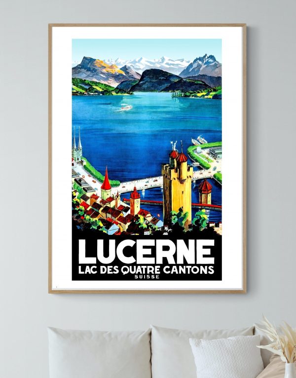 Affiche vintage de Lucerne, Lac des Quatre Cantons, paysage suisse coloré.