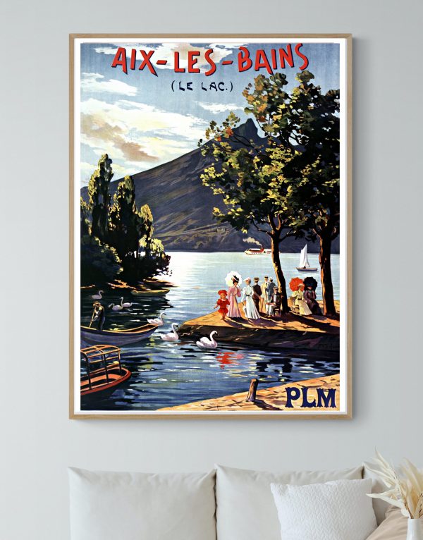 Affiche vintage d'Aix-les-Bains avec vue sur le lac et montagnes. Parfaite décoration pour amateurs.
