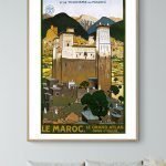 Affiche vintage de la Vallée d'Ounila au Maroc, mettant en valeur les paysages et l'architecture tra.