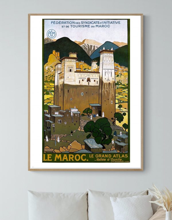 Affiche vintage de la Vallée d'Ounila au Maroc, mettant en valeur les paysages et l'architecture tra.