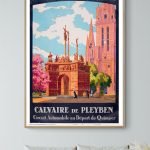 Affiche vintage du Calvaire de Pleyben, avec architecture colorée et paysage breton.