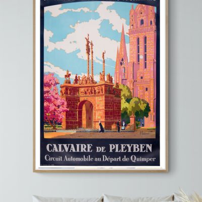 Affiche vintage du Calvaire de Pleyben, avec architecture colorée et paysage breton.