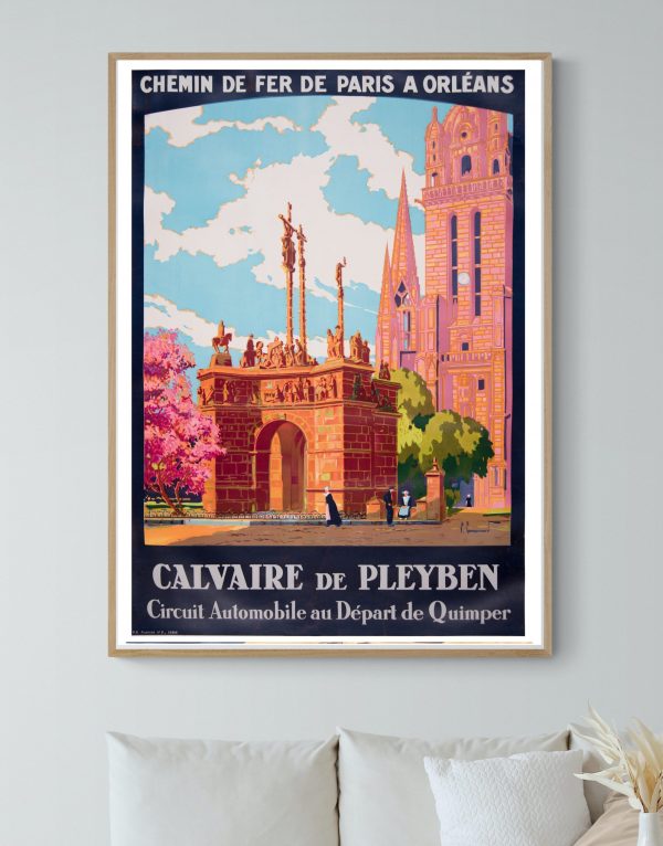 Affiche vintage du Calvaire de Pleyben, avec architecture colorée et paysage breton.