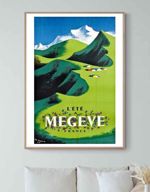 Affiche vintage représentant l'été à Megève avec montagnes et nature.