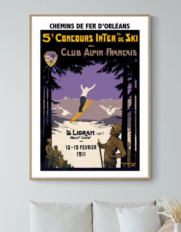 Affiche vintage du concours de ski au Lioran en 1911, illustrant l'histoire du sport d'hiver françai.
