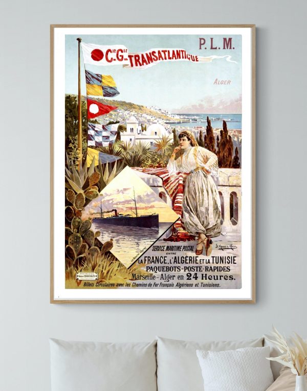 Affiche vintage de la Compagnie Transatlantique, voyage France, Algérie, Tunisie, maritime.