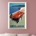 Affiche vintage de course Côte d'Azur avec voiture de sport rouge.