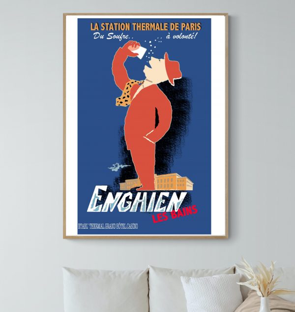 Affiche vintage de la station thermale d'Enghien les Bains, illustrant l'ambiance rétro et le charme.