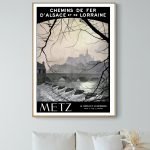 Affiche vintage de Metz représentant les chemins de fer d'Alsace et Lorraine avec vue sur la moselle.