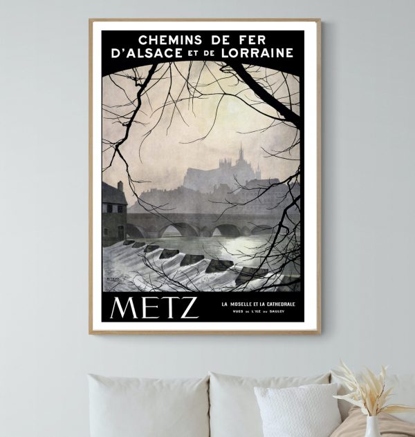 Affiche vintage de Metz représentant les chemins de fer d'Alsace et Lorraine avec vue sur la moselle.