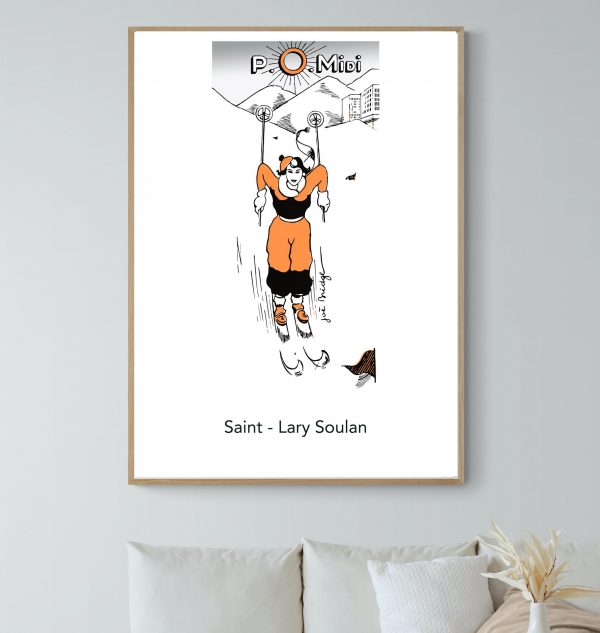 Affiche vintage représentant un skieur à Saint Lary Soulan, style rétro.