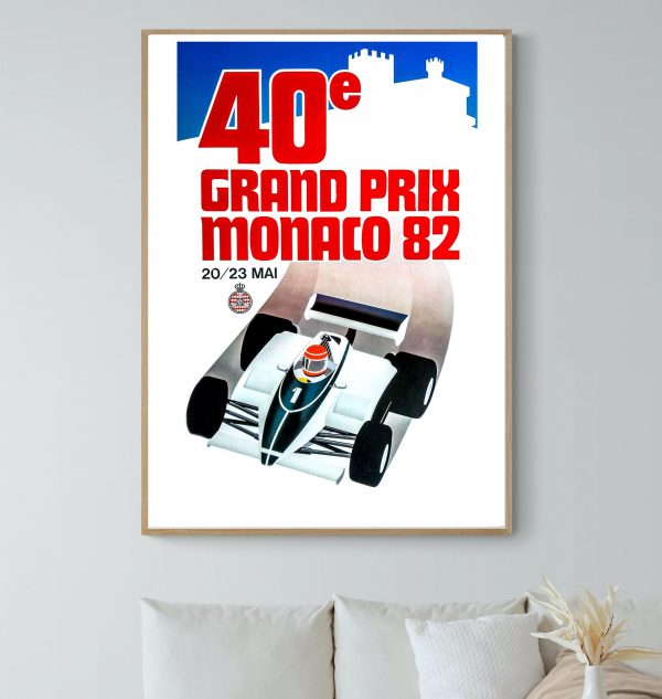 Affiche vintage du 40e Grand Prix de Monaco 1982, course de Formule 1 emblématique, avec voiture de.