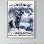 Affiche vintage de la Grotte de Lamartine, paysage naturel avec lac, arbres et montagnes.