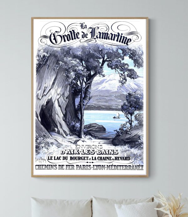 Affiche vintage de la Grotte de Lamartine, paysage naturel avec lac, arbres et montagnes.