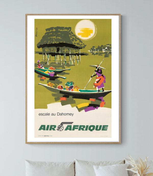 Affiche vintage Air Afrique avec scène de pêche au coucher de soleil.