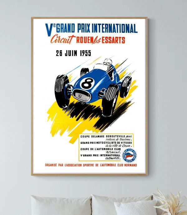 Affiche vintage du Grand Prix de Rouen les Essarts 1955, course automobile historique.