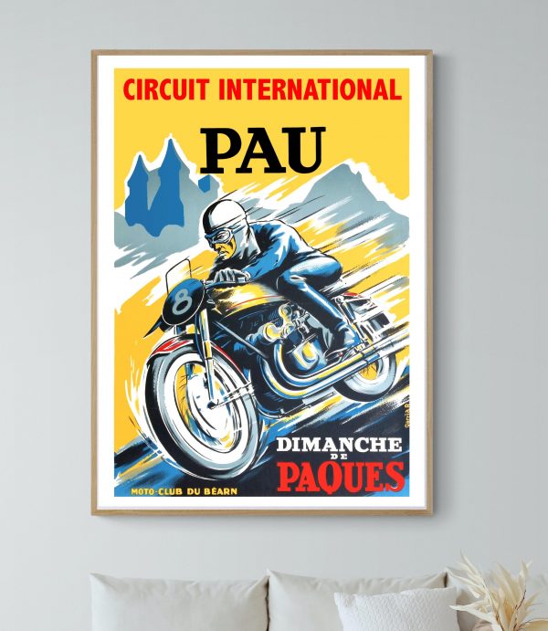 Affiche vintage du Grand Prix Comminges, Saint Gaudens, 1947, avec un pilote de moto en action.