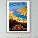 Affiche vintage de navigation maritime représentant la traversée entre la France, l'Algérie et la Tu.