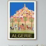 Affiche vintage représentant une scène d'Algérie avec des palmiers et des bâtiments colorés.