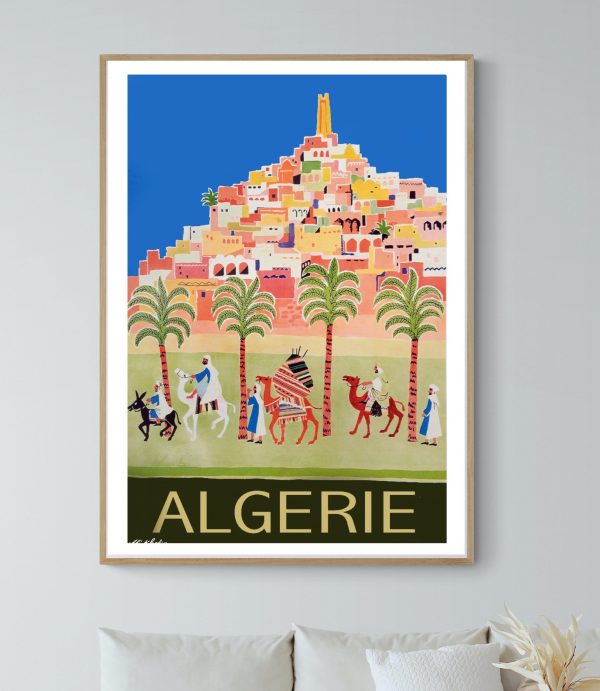 Affiche vintage représentant une scène d'Algérie avec des palmiers et des bâtiments colorés.