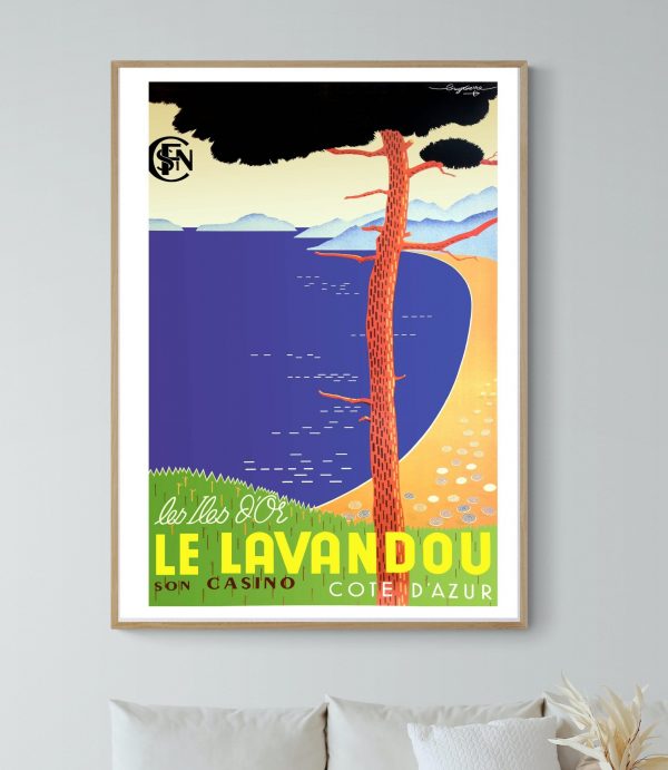 Affiche vintage Côte d'Azur, Lavandou avec plage, mer et paysage coloré, évoquant le casino et la dé.
