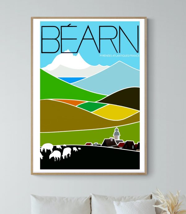 Affiche vintage BEARN avec montagnes, champs et troupeau de moutons.