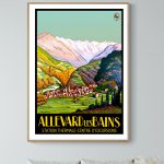 Affiche vintage Pays Basque, montagne et soleil, décoration murale rétro.