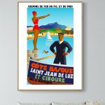 Affiche vintage du Mont Blanc avec paysage alpin et personnages stylisés.