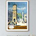 Affiche vintage représentant la place d'Aix-en-Provence avec tour et fontaine, style artistique colo.