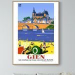 Affiche vintage de Gien avec château, pont et plage en style rétro.