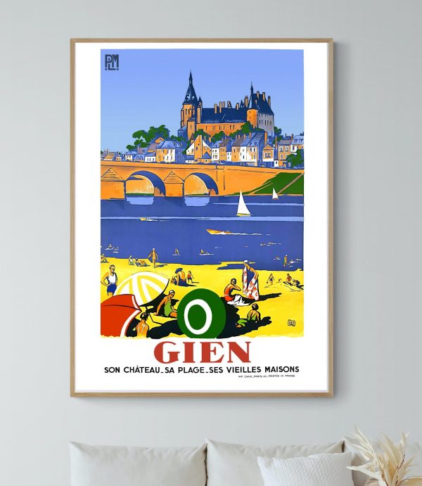 Affiche vintage de Gien avec château, pont et plage en style rétro.