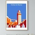 Affiche vintage représentant une scène touristique au Maroc avec un monument emblématique.