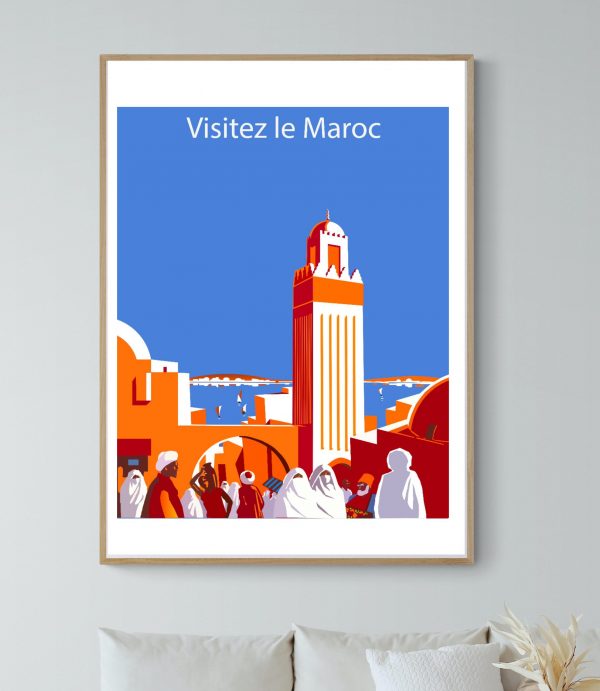 Affiche vintage représentant une scène touristique au Maroc avec un monument emblématique.