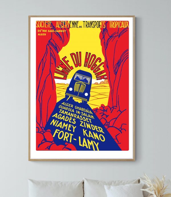 Affiche vintage représentant une ligne de bus dans un style rétro coloré.